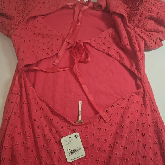 NWT Free People Pink Eyelet Apricot Rose Puff Sleeve Mini Dress - Picture 4 of 4
